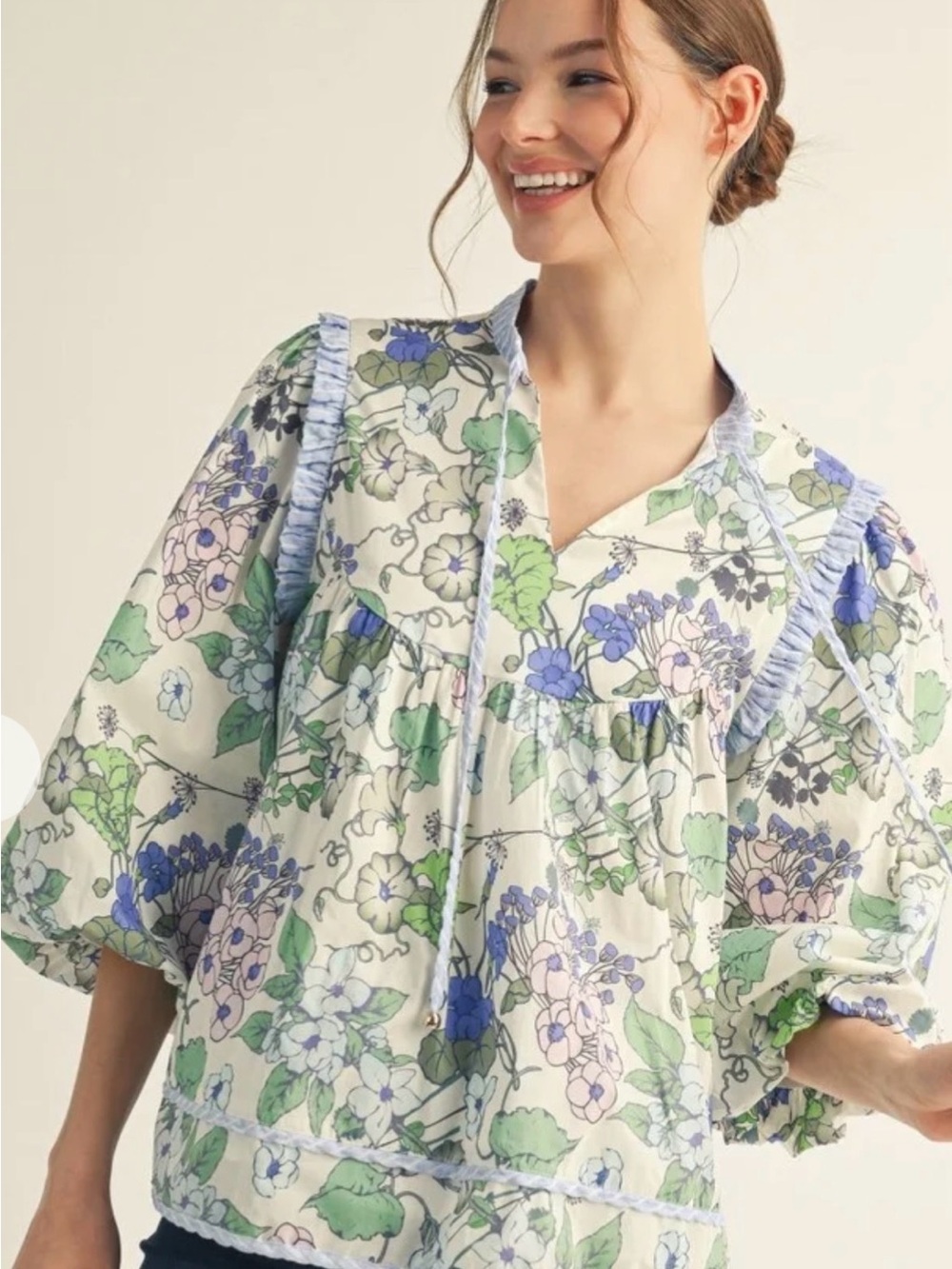 JODIFL Floral Ruffle Tunic - Blue, Green & Cream